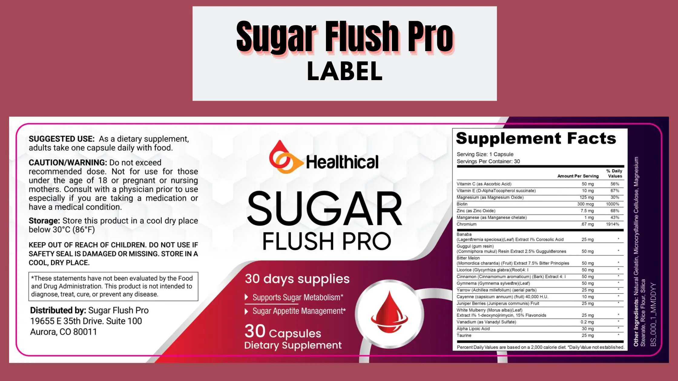 Sugar Flush Pro supplement facts