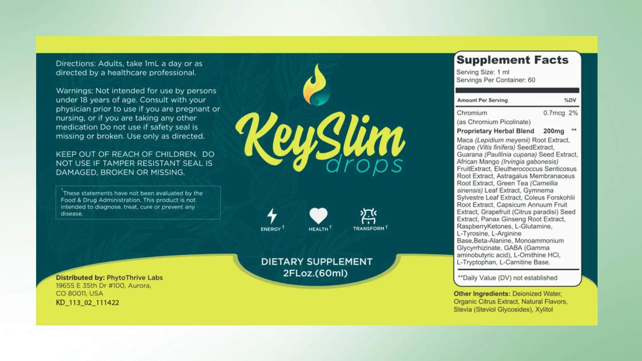 KeySlim Drops Supplement Facts