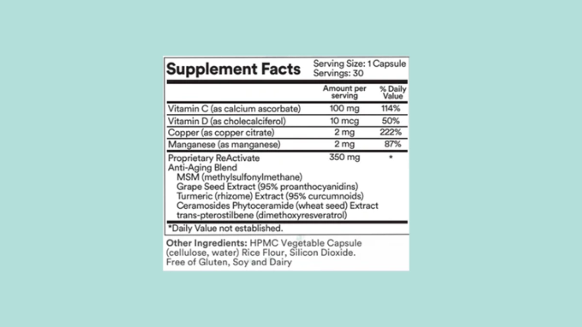 Sun Coast Sciences ReActivate supplement facts